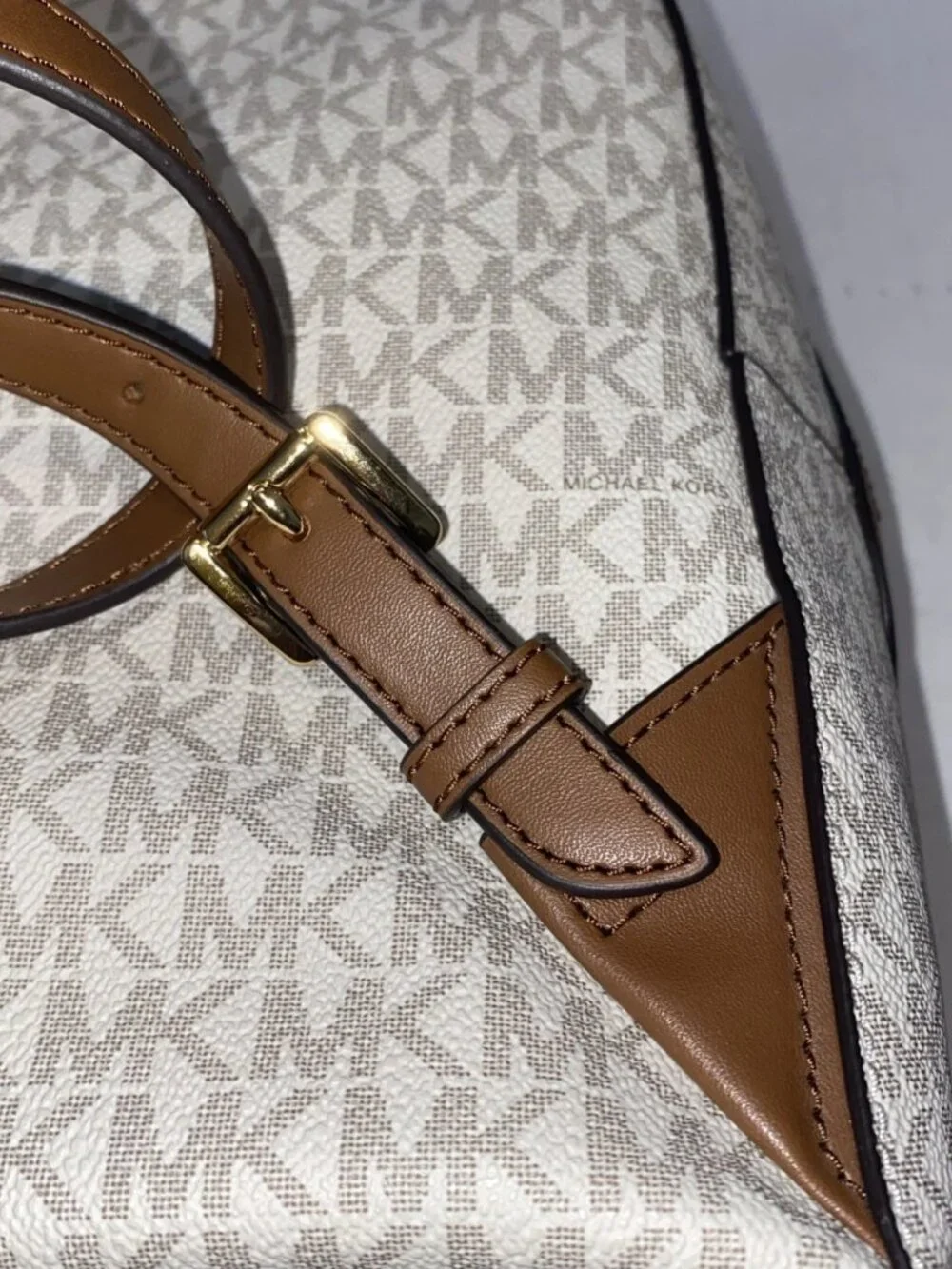 Michael Kors Beige/Brown MK Monogram Logo Backpack Zip Gold Hardware NWT